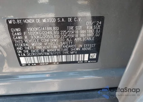 2024 Honda Hr-V Awd Sport/Awd Sport W/O Bsi z USA, uszkodzony, nr VIN 3CZRZ2H57RM761721